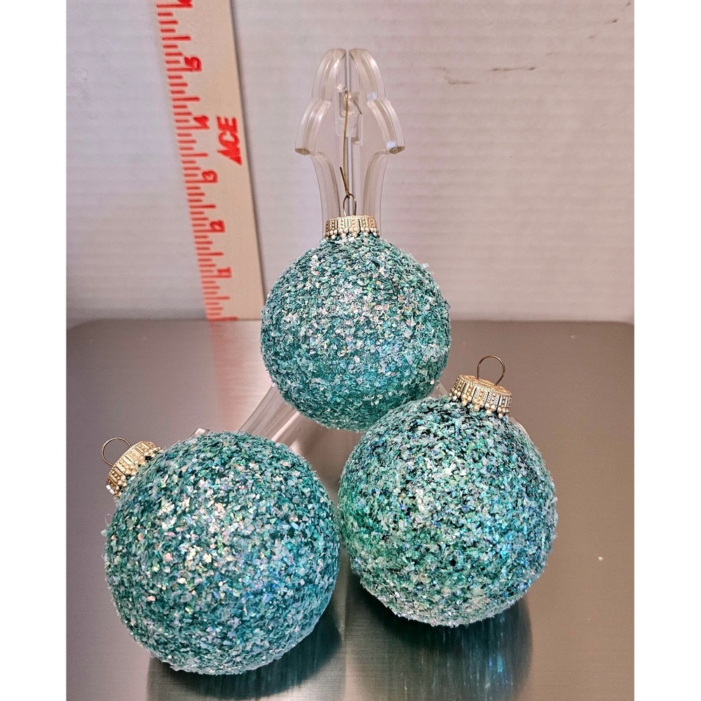 Christmas by Krebs Aqua Teal Glitter Glass Ornaments Set of 3 Coastal Holiday